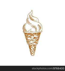 Ice cream in waffle cone isolated hand drawn sketch. Vector whipped sundae dessert, frozen gelato. Whipped sundae dessert, frozen ice cream sketch