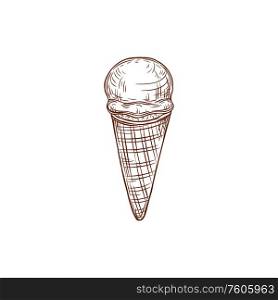 Ice cream in waffle cone isolated monochrome sketch. Vector frozen gelato, refreshing sundae dessert. Summer dessert isolated ice cream in waffle cone