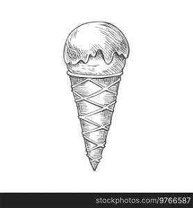 Ice cream in waffle cone isolated monochrome sketch. Vector icecream ice ball in wafer. Monochrome icecream in wafer cone isolated sketch