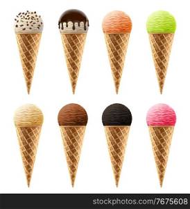 Ice cream in waffle cones realistic 3d vector icons. Sweet creamy dessert of various flavors with sprinkles and toppings. Chocolate, fruit or yogurt icecream balls isolated on white background set. Ice cream in waffle cones realistic vector icons