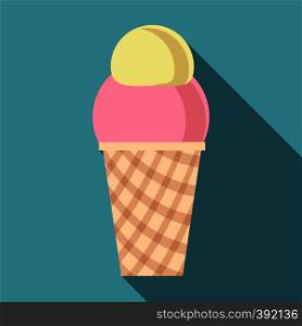 Ice cream in waffle cup icon. Flat illustration of ice cream in waffle cup vector icon for web isolated on baby blue background. Ice cream in waffle cup icon, flat style