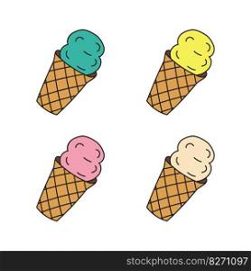 Ice cream in waffle multi colored options. Vector illustration doodle style. Refreshing frozen ice. Hand drawn illustration for sticker pack, cover, postcards, print, social media, icon, scrapbooking.. Ice cream in waffle multi colored options. Vector illustration doodle style. Refreshing frozen ice.