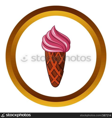 Ice cream in waffle vector icon in golden circle, cartoon style isolated on white background. Ice cream in waffle vector icon