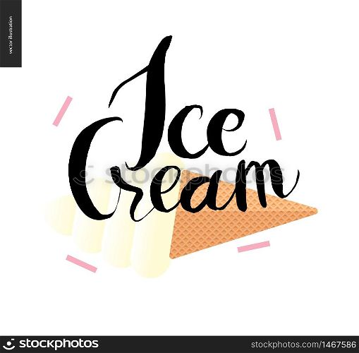 Ice Cream lettering and waffle ice cream cone - a vector flat cartoon illustration and black ink writing. Ice Cream lettering and icecream cone