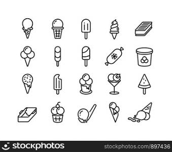 Ice cream line icons. Different types of frozen yoghurt parfait sorbet in form of ball in bucket on stick in cup. Vector illustration symbols ice cream sweet frozen food set. Ice cream line icons. Different types of frozen yoghurt parfait sorbet in form of ball in bucket on stick in cup. Vector ice cream set
