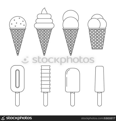 Ice cream line icons. Ice cream line icons set. Vector thin illustrations of Ice cream with waffle cone and ice lolly.