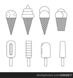 Ice cream line icons. Ice cream line icons set. Vector thin illustrations of Ice cream with waffle cone and ice lolly.