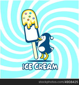 Ice cream logo. Vector illustration of penguin with ice cream on a bright background.