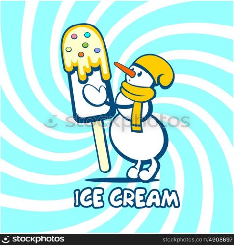 Ice cream. Logo. Vector illustration of snowman with ice cream on a bright background.