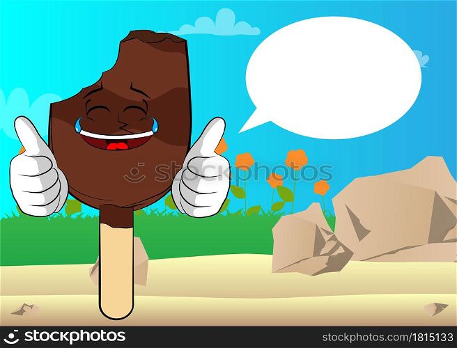 Ice Cream making thumbs up sign with two hands. Summer refreshment, sweet food as a cartoon character with face.