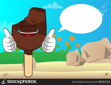 Ice Cream making thumbs up sign with two hands. Summer refreshment, sweet food as a cartoon character with face.