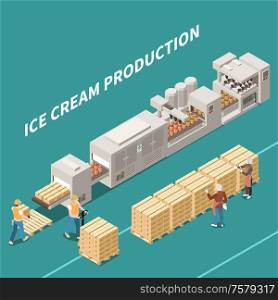 Ice cream manufacture background with people working on automatic line producing frozen dessert isometric vector illustration