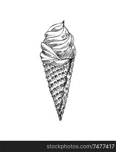Ice cream monochrome sketch outline. Take away fresh food with waffle crusty cone. Meal in summer time for refreshment isolated on vector illustration. Ice Cream Monochrome Sketch Vector Illustration