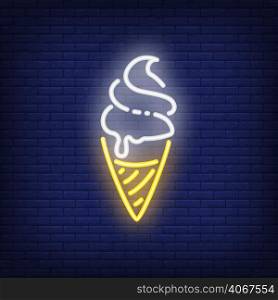 Ice cream neon sign. Dessert in waffle cone on brick wall background. Night bright advertisement. Vector illustration in neon style for cafe or candy shop