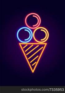 Ice cream neon signboard, poster with product famous among children, delicious food, with sweet flavours, vector illustration, isolated on purple. Ice Cream Neon Signboard, Vector Illustration
