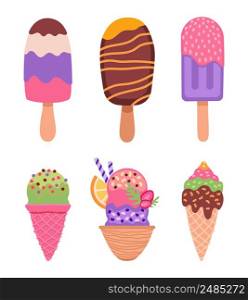 Ice cream of set, sundae and chocolate. Vector sundae soft and gelato, cold snack dessert cream, illustration of vanilla food sweet. Ice cream of set, sundae and chocolate