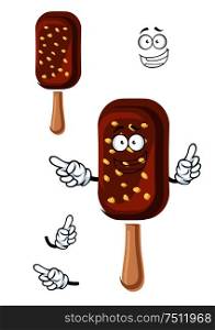 Ice cream on stick cartoon character covered with milk chocolate and nuts for food or dessert design. Chocolate ice cream with nuts