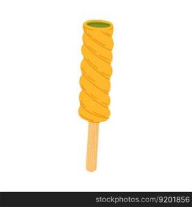 Ice cream on stick coated by caramel yellow glaze isolated summer dessert. Vector refreshing ice-cream, sweet striped popsicle, frozen refreshment snack. Swirly ice-cream, yellow glazed icecream on stick