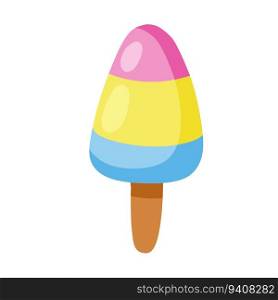 Ice cream on stick. Summer dessert. Blue, yellow and pink glaze. Flat cartoon illustration. Multi-colored delicacy. Ice cream on stick. Summer dessert.