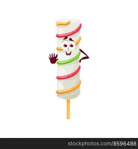 Ice cream on stick with caramelized fruity glaze isolated funny cartoon character. Vector emoticon cold fast food snack waving hand. Fruit ice-cream on wooden stick, lolly homemade sundae, iced yogurt. Fruity lolly ice cream on stick emoticon dessert