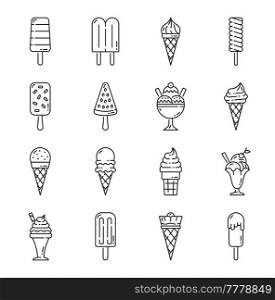 Ice cream outline icons. Frozen candy sundae, scoop and cone dessert food. Vector waffle cups, glasses and sticks of chocolate and vanilla ice cream, fruit sorbet, frozen yogurt and milk gelato. Ice cream outline icons of frozen dessert food
