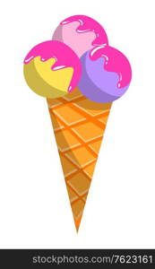 Ice-cream parlor logotype of restaurant, colorful balls of frozen cream in waffle cone. Cold dessert label on white, dessert shop sticker, business vector. Flat cartoon. Frozen Cream in Waffle Cone, Ice-cream Logo Vector