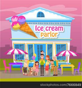 Ice-cream parlor, smiling man and woman standing near building with sweets. Restaurant with terrace, umbrella with chair and table, skyscraper view. People in snack place, vector fastfood store. People Eating Ice-cream, Sweet Shop in City Vector