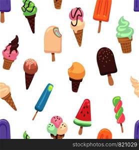 Ice cream pattern. Seamless print with frozen creamy desserts, waffles cones. Sundae vanilla chocolate ice scoops vector texture, holiday paper with topping sweet food. Ice cream pattern. Seamless print with frozen creamy desserts, waffles cones. Sundae vanilla chocolate ice scoops vector texture