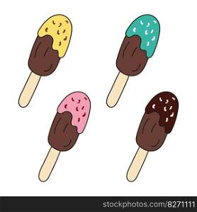 Ice cream popsicle multi colored options. Vector illustration doodle style. Refreshing frozen ice. Hand drawn illustration for sticker pack, cover, postcards, print, social media, icon, scrapbooking.. Ice cream popsicle multi colored options. Vector illustration doodle style. Refreshing frozen ice.
