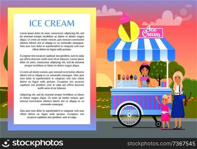 Ice cream poster text sample in frame, sweet cool mobile shop on wheels and mother with child buying dessert, park nature, tees vector illustration. Ice Cream Poster with Text Vector Illustration