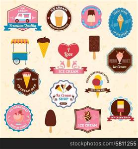 Ice cream premium quality and best in town shop emblems set flat isolated vector illustration . Ice cream emblems set