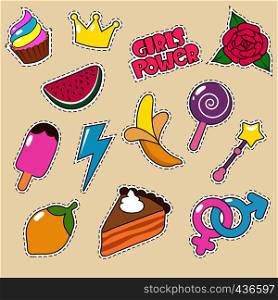 Ice cream, princess crown and candy lollipop stickers. Vector girl fashion patches. Crown and candy, collection cartoon badge illustration. Ice cream, princess crown and candy lollipop stickers. Vector girl fashion patches