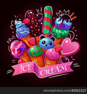 Ice cream products assortment background advertisement poster with delicious frozen yogurt chocolate strawberry japanese desserts vector illustration . Ice Cream Background Poster 