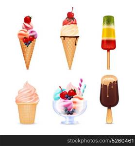 Ice Cream Realistic Set. Delicious ice cream of different kinds with berries and chocolate realistic set isolated on white background vector illustration