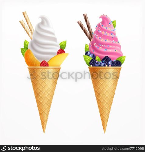 Ice cream realistic set of two waffle cones of vanilla and fruit taste decorated with strawberries blueberries blackberries orange slices vector illustration. Ice Cream Realistic Set