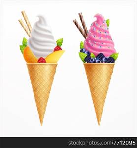 Ice cream realistic set of two waffle cones of vanilla and fruit taste decorated with strawberries blueberries blackberries orange slices vector illustration. Ice Cream Realistic Set