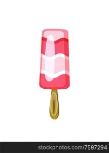 Ice cream refreshing meal in summer vector, isolated icon flat style. Summertime refreshment snack with raspberry flavor, exotic food on wooden stick. Ice Cream in Layers Frozen Dessert on Wooden Stick