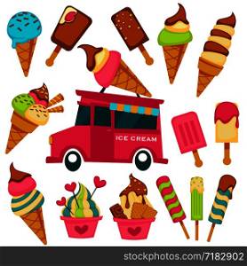 Ice cream scoops in wafer cones and sweets vendor van cart cartoon icons. Vector fruit and berry flavor ice cream gelato, chocolate sundae eskimo or sorbet with heart caramel glaze for gelateria cafe. Ice cream cartoon bright flavors vector icons on gleato vendor van cart