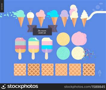 Ice cream scoops in waffle cones set - flat cartoon vector illustration of popsicles, ice creams, vanilla, mint, pink, purple and fruit scoops, waffle paterns, sprinkles, lettering - composition set. Ice cream scoops in waffle cones set on a blue background