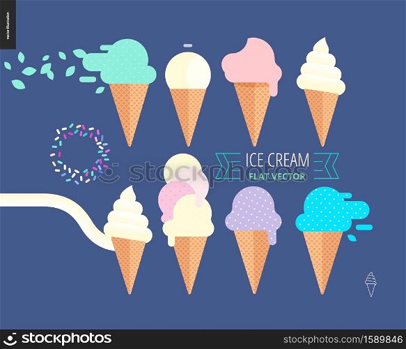Ice cream scoops in waffle cones set - flat cartoon vector illustration of vanilla, pink, fruit, white, blue, mint and purple ice cream scoops in waffle cones with sprinkles - composition set. Ice cream scoops in waffle cones set on a dark blue background