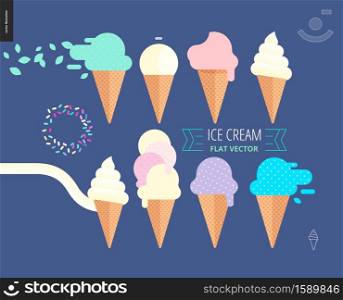 Ice cream scoops in waffle cones set - flat cartoon vector illustration of vanilla, pink, fruit, white, blue, mint and purple ice cream scoops in waffle cones with sprinkles - composition set. Ice cream scoops in waffle cones set on a dark blue background
