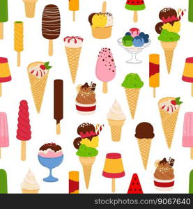 Ice cream seamless pattern, summer dessert food vector background. Ice cream cones and sundae with chocolate, vanilla and strawberry scoops, sorbet, frozen yogurt, fruit ice lolly and gelato backdrop. Ice cream seamless pattern, dessert background