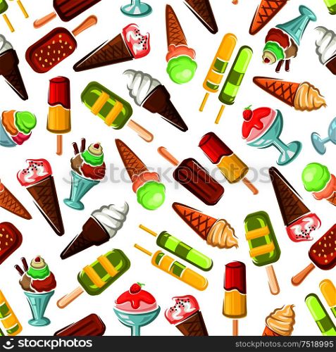 Ice cream seamless wallpaper. Background with pattern of color ice cream desserts. Eskimo pie, slushie, frozen ice, sorbet, gelato, sundae, scoops in cones and cups for cafe or restaurant menu, decoration. Ice cream seamless pattern background
