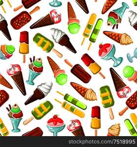 Ice cream seamless wallpaper. Background with pattern of color ice cream desserts. Eskimo pie, slushie, frozen ice, sorbet, gelato, sundae, scoops in cones and cups for cafe or restaurant menu, decoration. Ice cream seamless pattern background