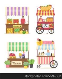 Ice cream seller vector, hot dog shop with junk food isolated stores with street meal, veggie market with products and fresh ingredients flat style. Hot Dog Seller, Vegetable Market and Ice Cream