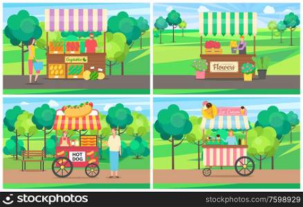 Ice cream seller vector, vegetable market in summer marketplace person selling flowers, hot dot stall with food and fresh products. Buyers on nature. Vegetable and Ice Cream Stall Summer Market Set