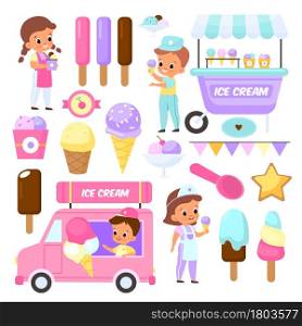 Ice cream sellers. Cute kids with sweets tray and van. Cartoon young businessman selling different types of cold yummy snacks. Festival desserts market. Vector summer street tasty food elements set. Ice cream sellers. Cute kids with sweets tray and van. Cartoon young businessman selling different types of yummy snacks. Festival desserts market. Vector street tasty food elements set