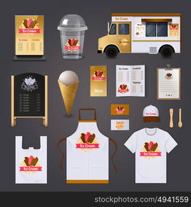 Ice Cream Selling Design Set. Ice cream selling realistic design set with apron and street food cart design isolated vector illustration