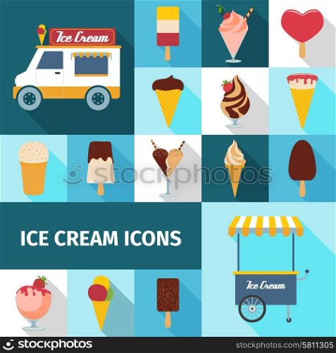 Ice cream selling waffles chocolate and fruit square icons set flat shadow isolated vector illustration . Ice cream square icons set