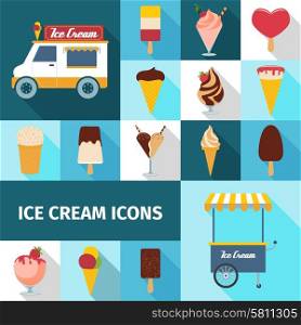 Ice cream selling waffles chocolate and fruit square icons set flat shadow isolated vector illustration . Ice cream square icons set